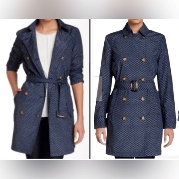 J. McLaughlin Geometric Belted Trench Coat Jacket Blue Button Front XL - Picture 2 of 12